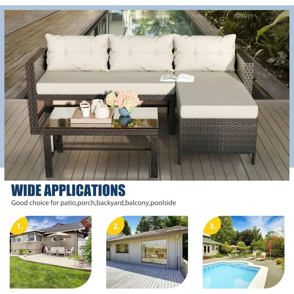 "3-Piece All-Weather Patio Set - PE Wicker Outdoor Sectional Sofa, Durable Conversation Couch"