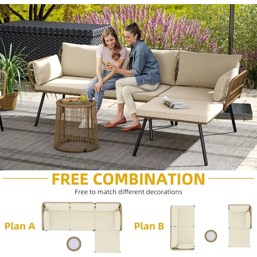 Patio Furniture Set 3 Piece Outdoor Wicker Conversation Set with Detachable Cushions and Coffee Table L-Shaped Sectional Sofa