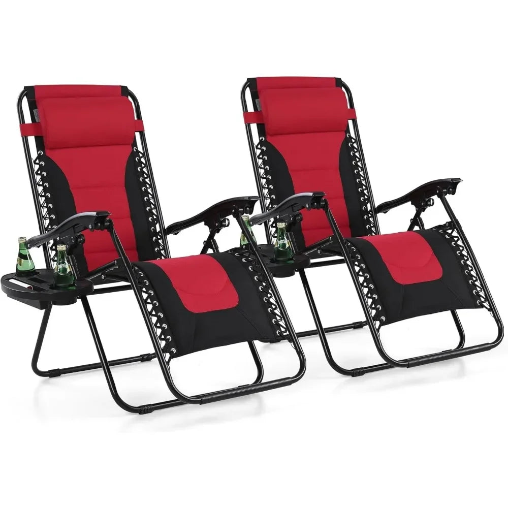 Padded Zero Gravity Lawn Chairs Set of 2 Foldable Patio Recliners Anti Gravity Lounge Chairs w/Pillow & Cup Holder Outdoor Camp