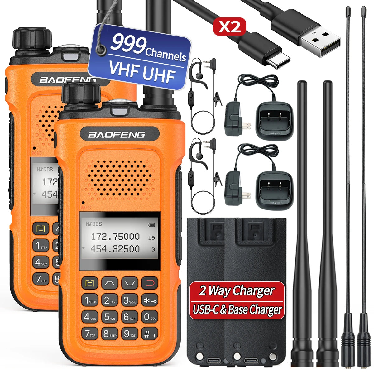 2PCS BAOFENG Walkie Talkie Original Long Range Wireless Copy Frequency UHF VHF 999CH NOAA Type-C Charger Ham Radio for Hunting