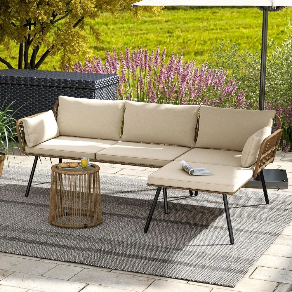 Patio Furniture Set 3 Piece Outdoor Wicker Conversation Set with Detachable Cushions and Coffee Table L-Shaped Sectional Sofa
