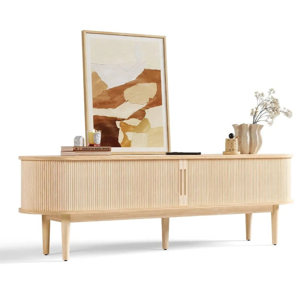 Fluted TV Stand for 75" TV, Mid-Century Modern 70" Entertainment Center with Sliding Tambour Door and Storage Cabinet,TV Stand