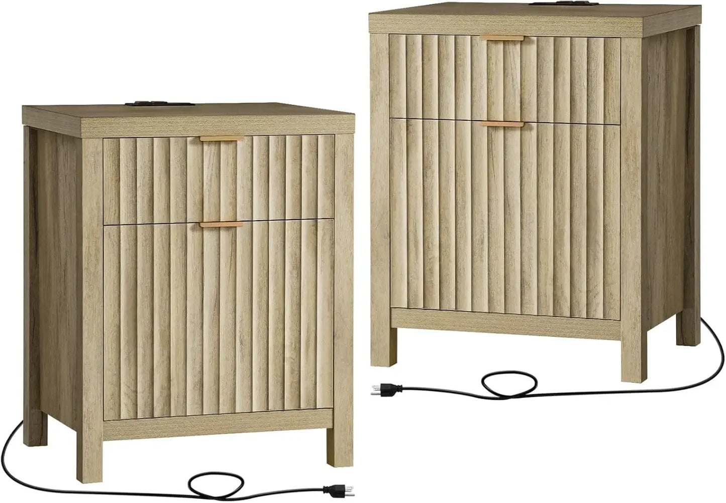 2 Drawer Nightstand, End Table with Charging Station, Night Stand with Fluted Panel, Farmhouse Sofa/Bed Side Table Set