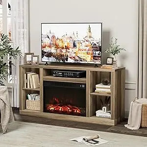 Fireplace TV Stand for 65 Inch TV, Media Entertainment Center Console Table with 26" Electric Fireplace, Farmhouse TV Stand wit