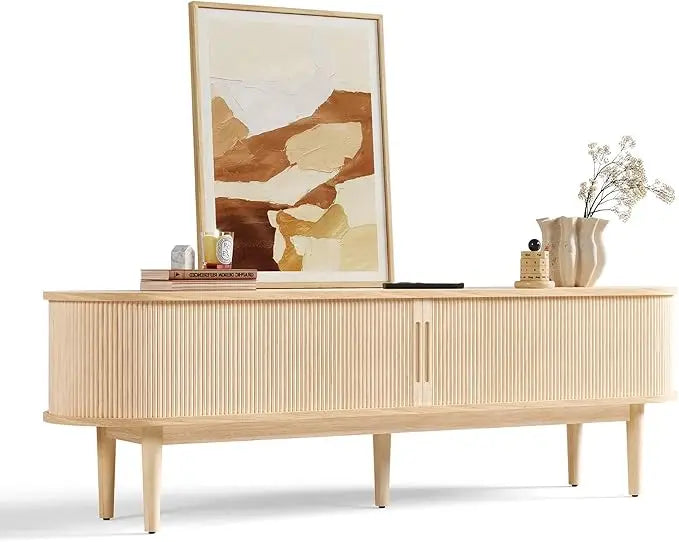 Fluted TV Stand for 75" TV, Mid-Century Modern 70" Entertainment Center with Sliding Tambour Door and Storage Cabinet,TV Stand