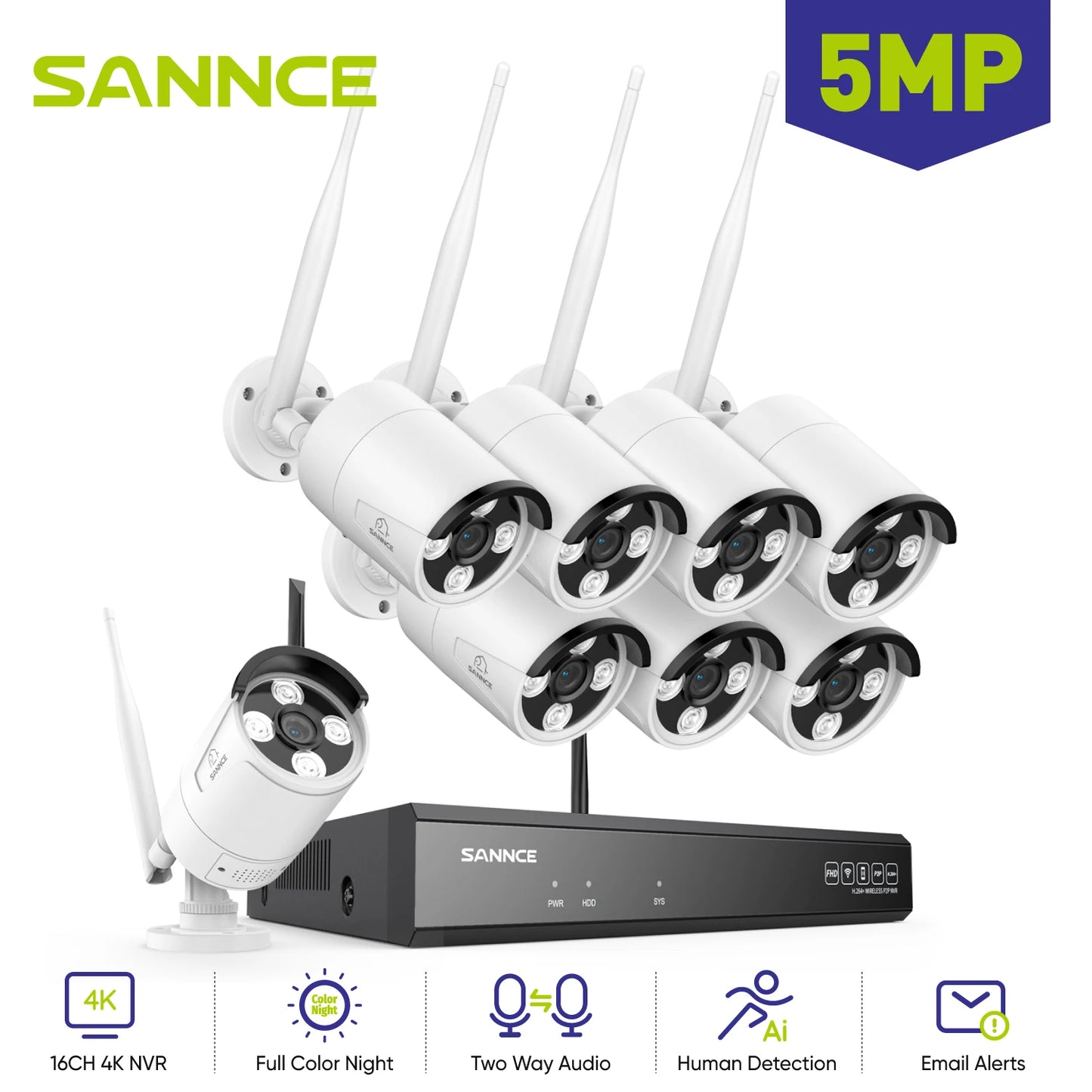 SANNCE 5MP Wifi Surveillance Camera System Smart Night Vision Two Way Voice Motion Detection Wifi Security Protectio Camera