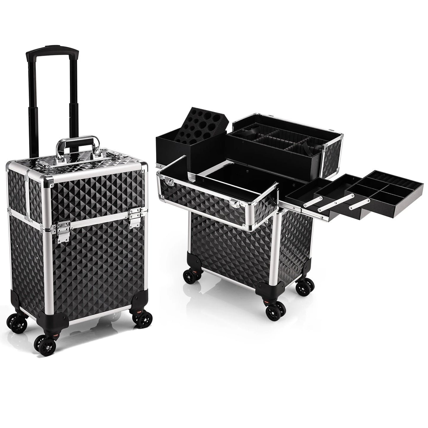 Maxulene Rolling Makeup Train Case With 4 Tray Trolley
