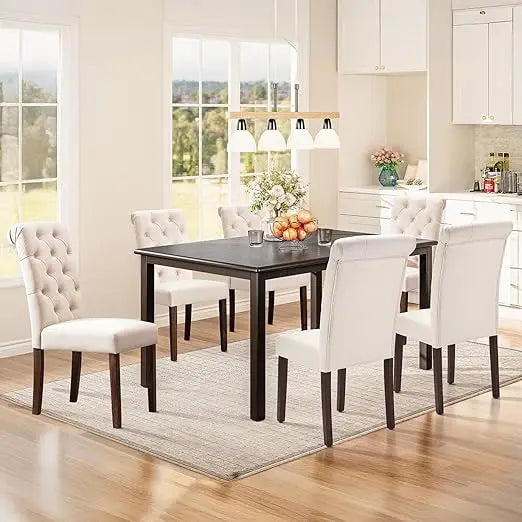 7-Piece Dining Table Set for 6, 60" Rectangular Wooden Kitchen Table with 6 Tufted Dining Room Chairs, Brown/Beige