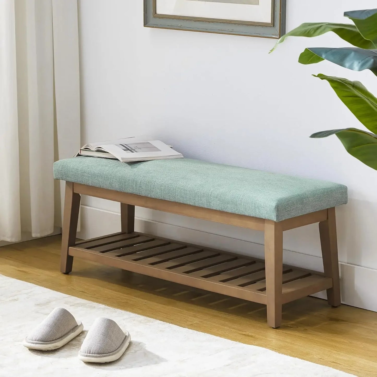 Entryway Bench, End of Bed Bench, Chenille Upholstered Shoe Bench for Bedroom, Ottoman Bench with Solid Wood Shelf, Storage Benc