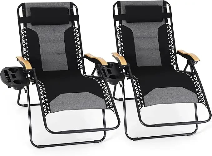 Padded Zero Gravity Lawn Chairs Set of 2 Foldable Patio Recliners Anti Gravity Lounge Chairs w/Pillow & Cup Holder Outdoor Camp
