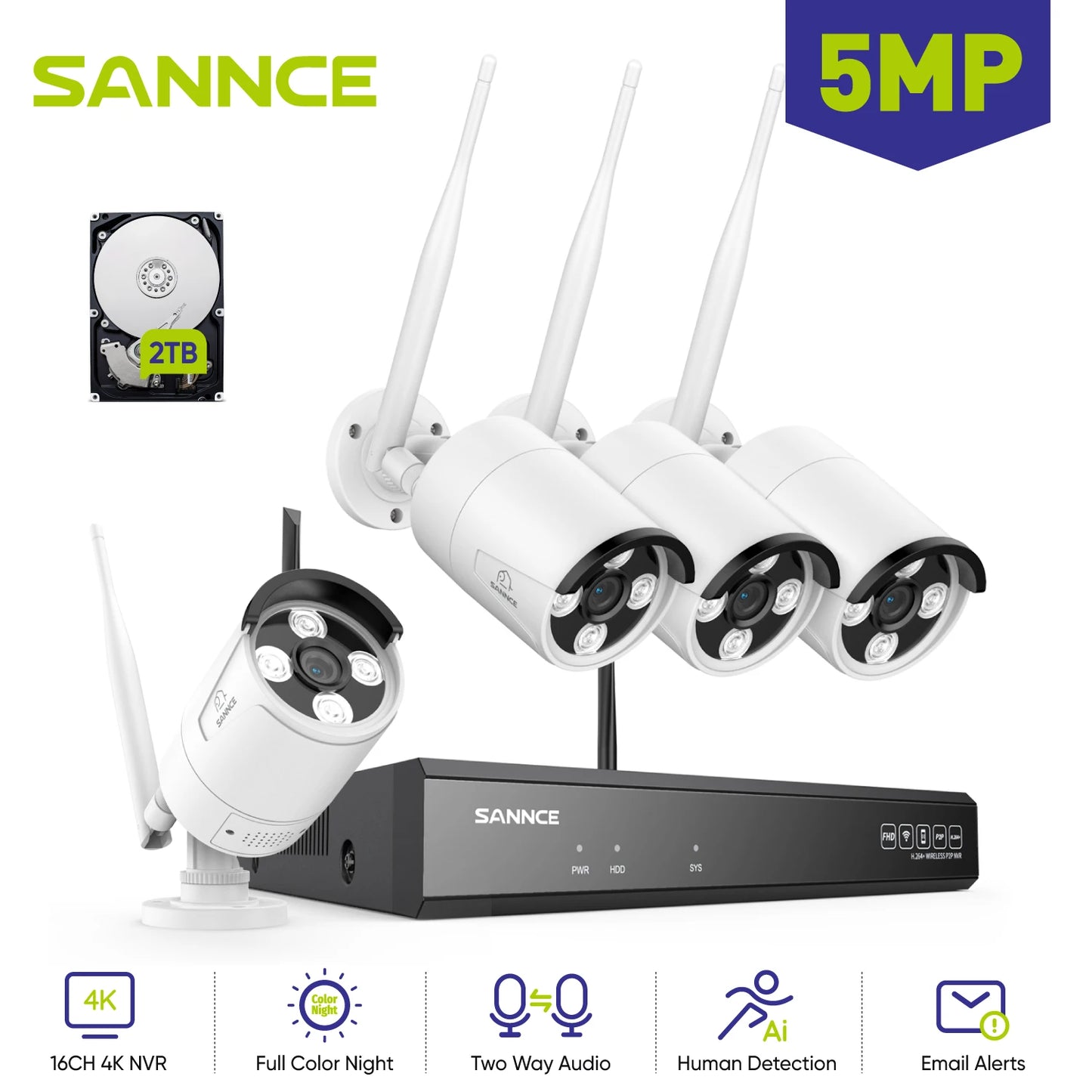 SANNCE 5MP Wifi Surveillance Camera System Smart Night Vision Two Way Voice Motion Detection Wifi Security Protectio Camera