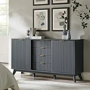 Ticify Fluted Dresser With Sliding Doors And Four Drawers
