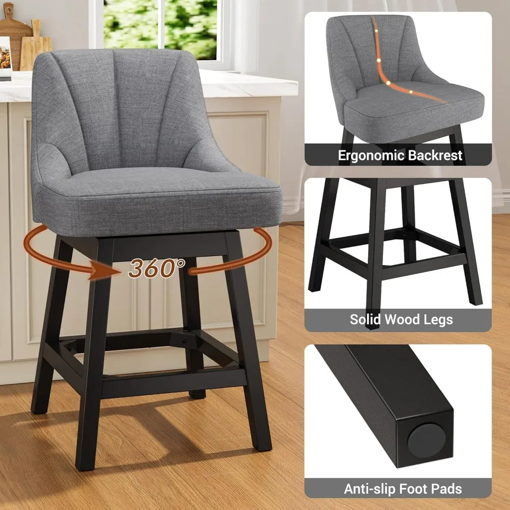2025 Upgraded Swivel Bar Stools with Backs, 26" Counter Height Bar Stools Set of 2, Linen Fabric Upholstered Counter Barstools w