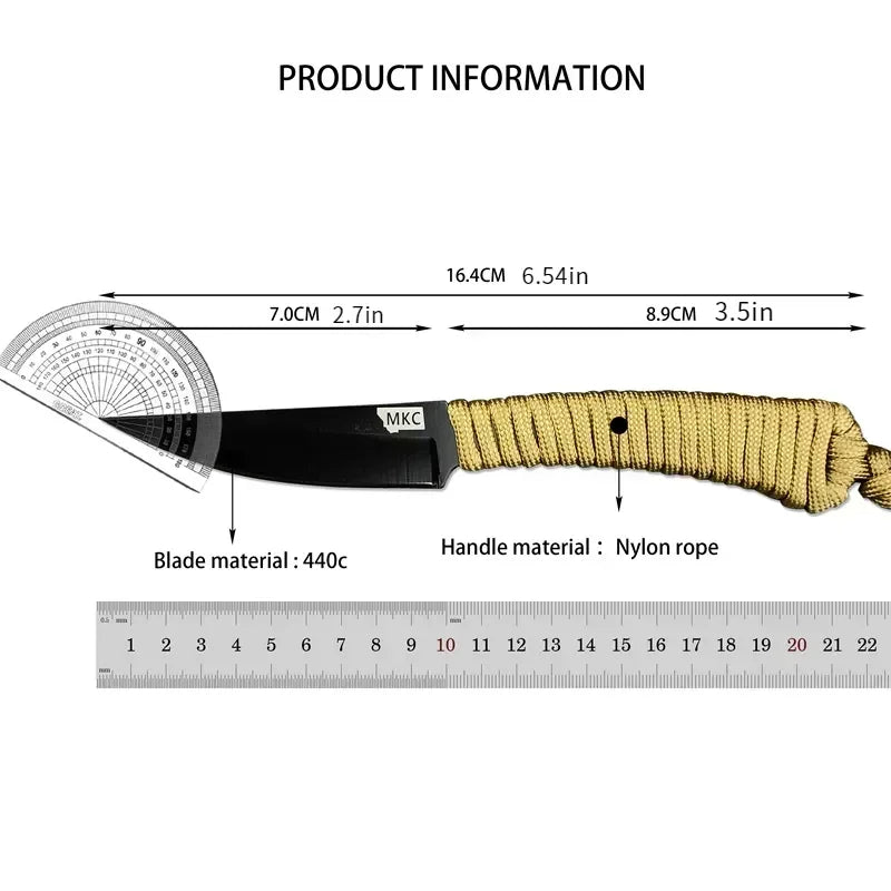 MKC Fixed Blade Outdoor Straight Knife Nylon Rope Handle EDC Multitool Camp Hunting Survival Fishing Portable with Kydex Knife