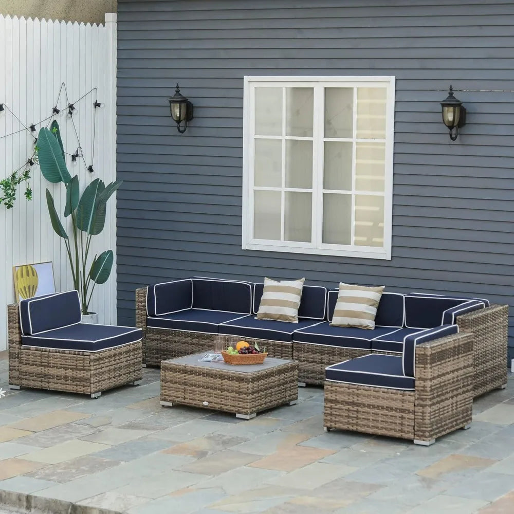 7-Piece Patio Furniture Set, Outdoor Wicker Conversation Set, All Weather PE Rattan Sectional Sofa Set with Cushions and Faux W