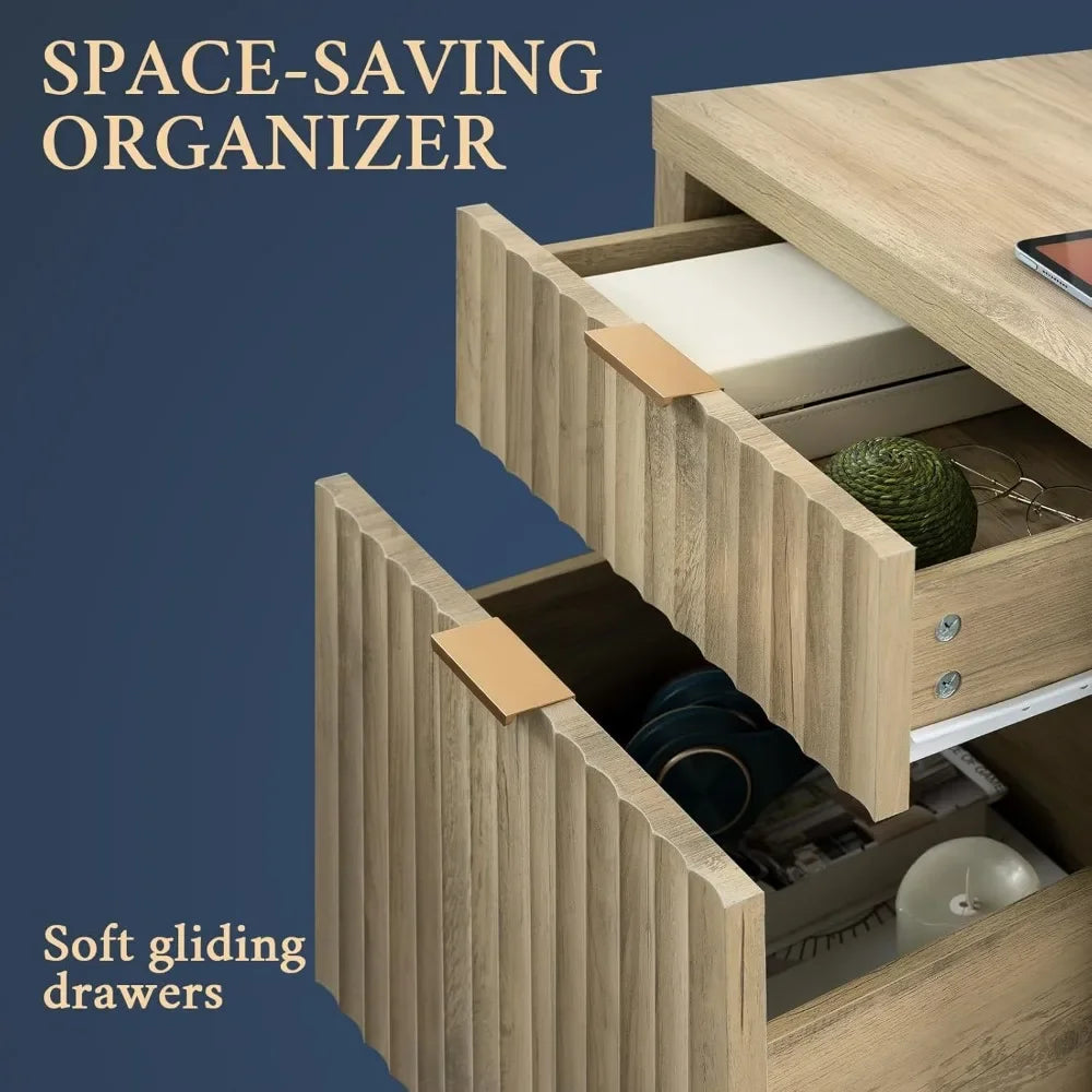 2 Drawer Nightstand, End Table with Charging Station, Night Stand with Fluted Panel, Farmhouse Sofa/Bed Side Table Set
