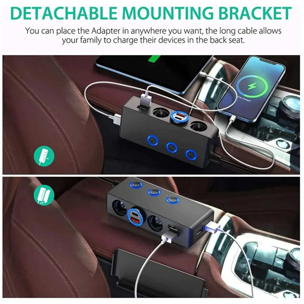 Car Charger Splitter 200W 3 Socket Cigarette Lighter Adapter with PD30W USB-C Multi USB Car Charger DC Outlet