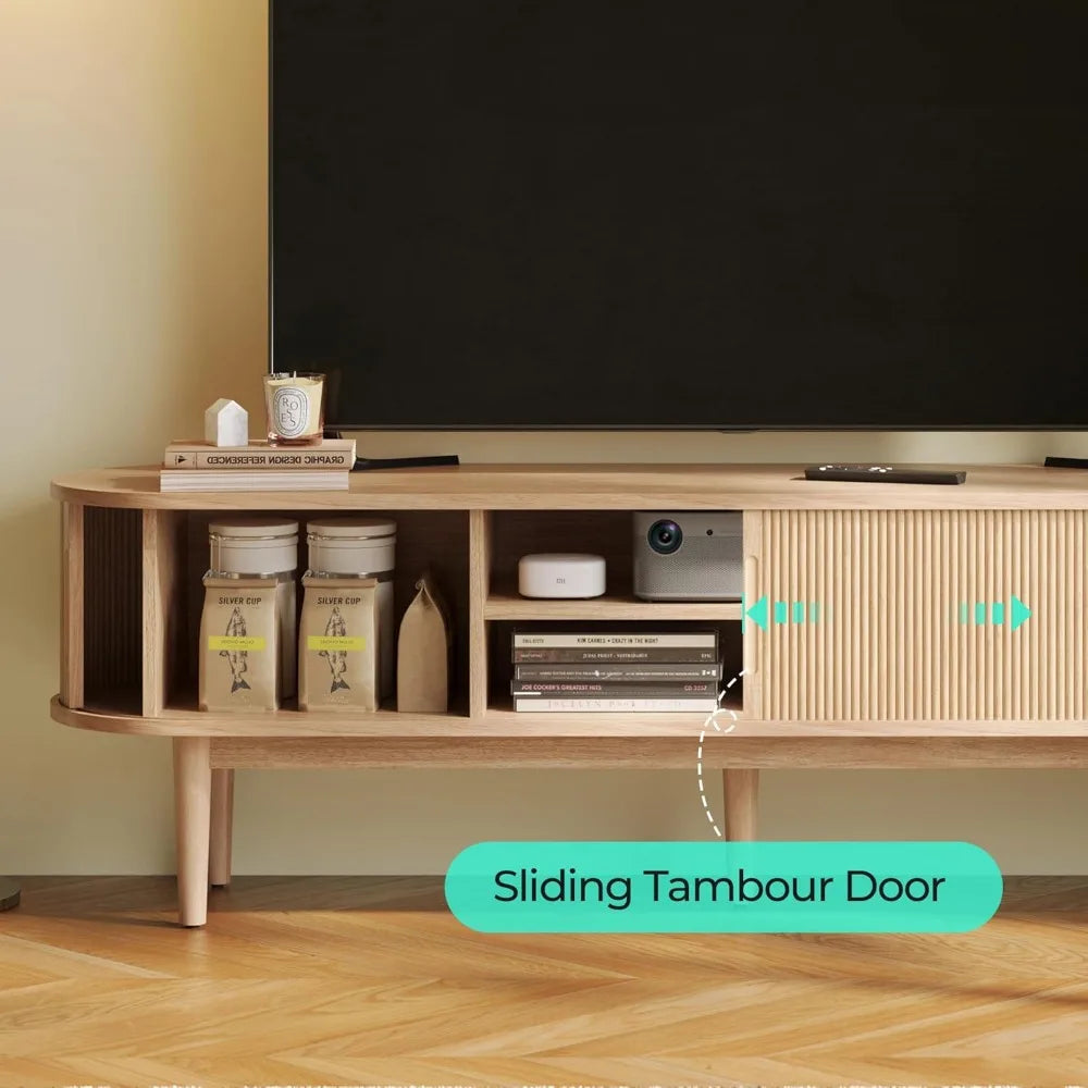 Fluted TV Stand for 75" TV, Mid-Century Modern 70" Entertainment Center with Sliding Tambour Door and Storage Cabinet,TV Stand