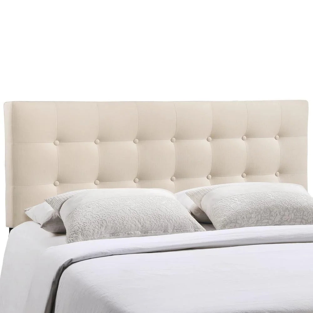 Emily Tufted Upholstered Headboard Full Bed Ivory Polyester Fabric Modern Design Adjustable Height Button Detail 22.5In H 56In W