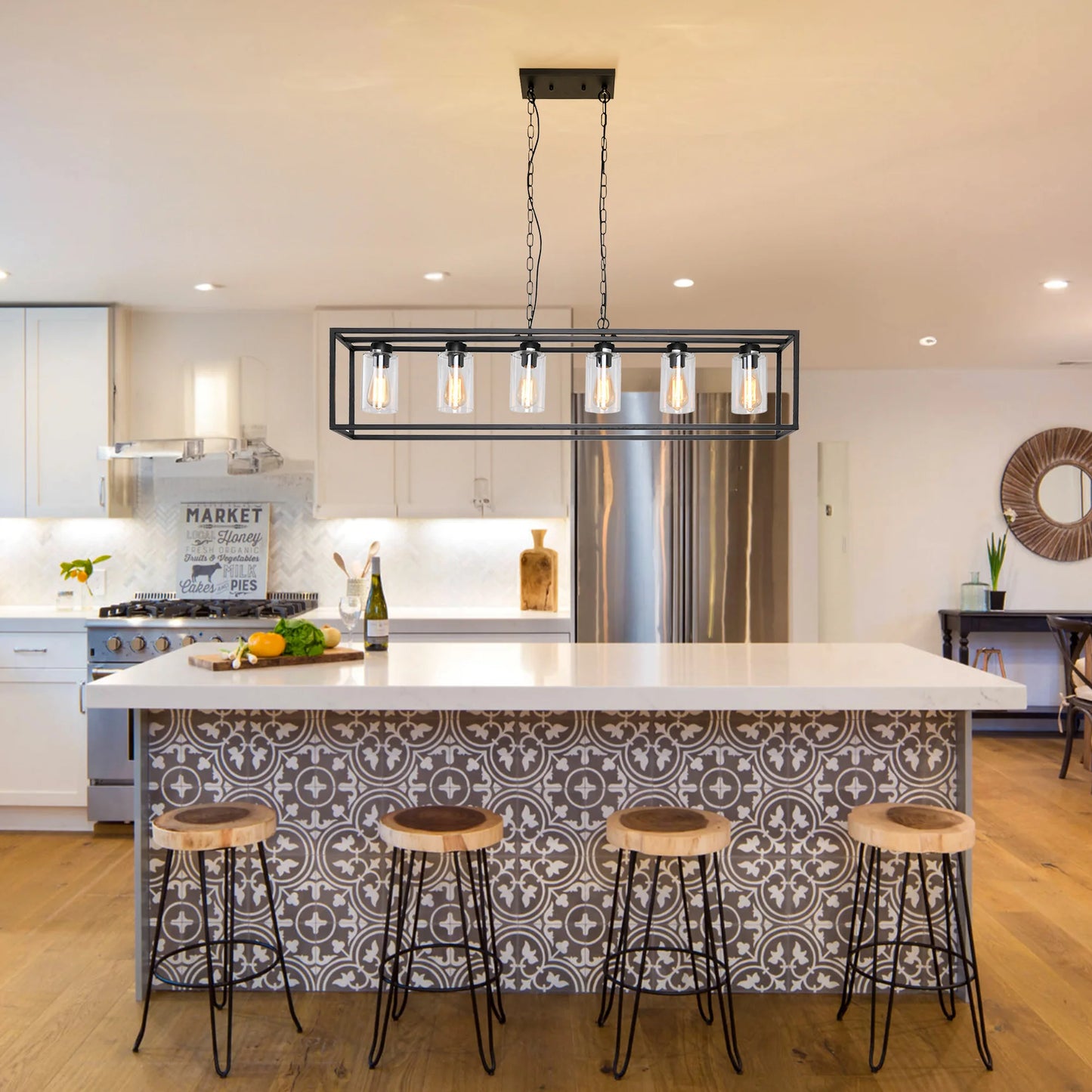 6 Light Black Cage Chandelier with Glass Shades for Dining Room