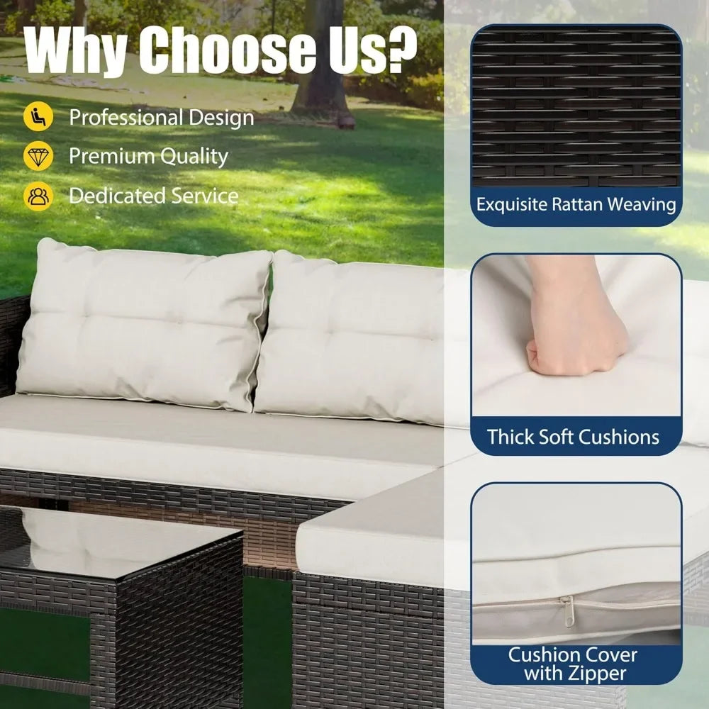 "3-Piece All-Weather Patio Set - PE Wicker Outdoor Sectional Sofa, Durable Conversation Couch"