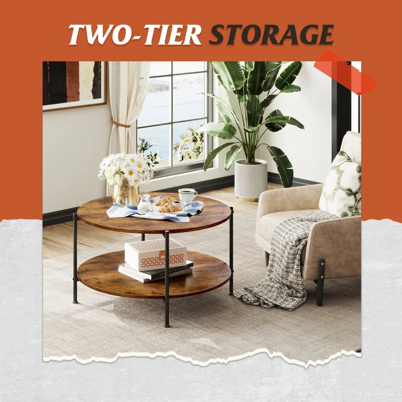 GALAXHERO Round Coffee Table with Storage Shelf 2 Tier Circle Wood Center Table for Living Room Bedroom Apartment