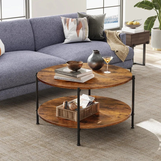 GALAXHERO Round Coffee Table with Storage Shelf 2 Tier Circle Wood Center Table for Living Room Bedroom Apartment