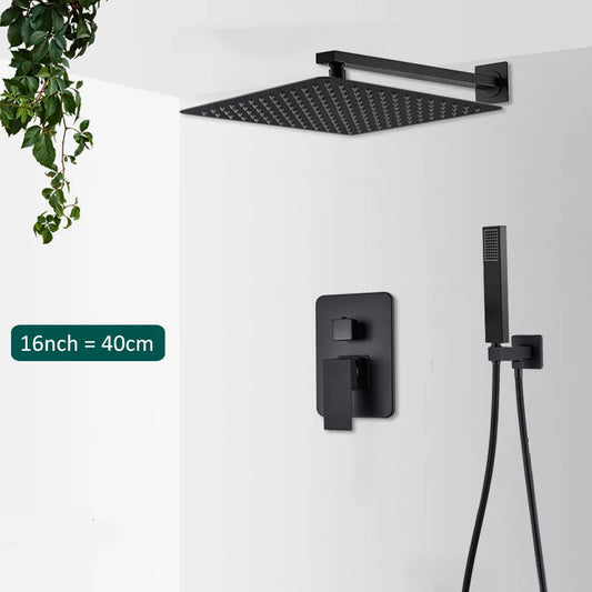 Black Concealed Shower System with Rain Waterfall Faucet