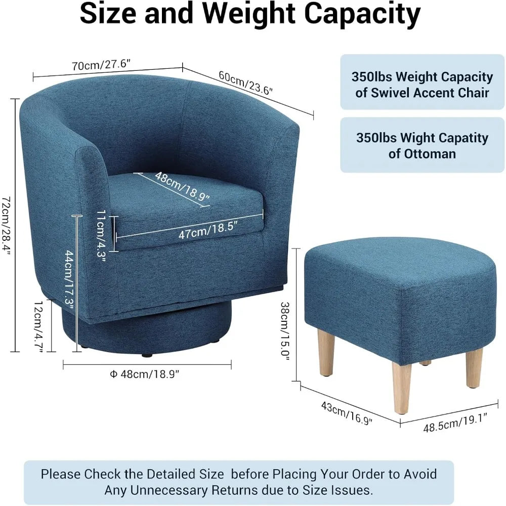 Blue Swivel Barrel Chair With Ottoman Upholstered Modern Living Room Armchair 360 Degree Swivel
