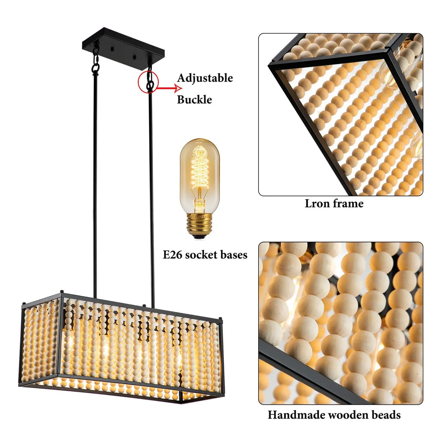 Boho Wood Bead Ceiling Light – Farmhouse Pendant Chandelier Lamp  home decor