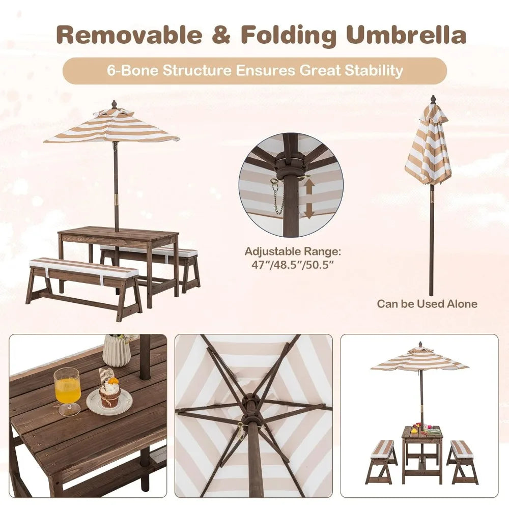 Kids Picnic Table Outdoor Wooden Bench Set Umbrella