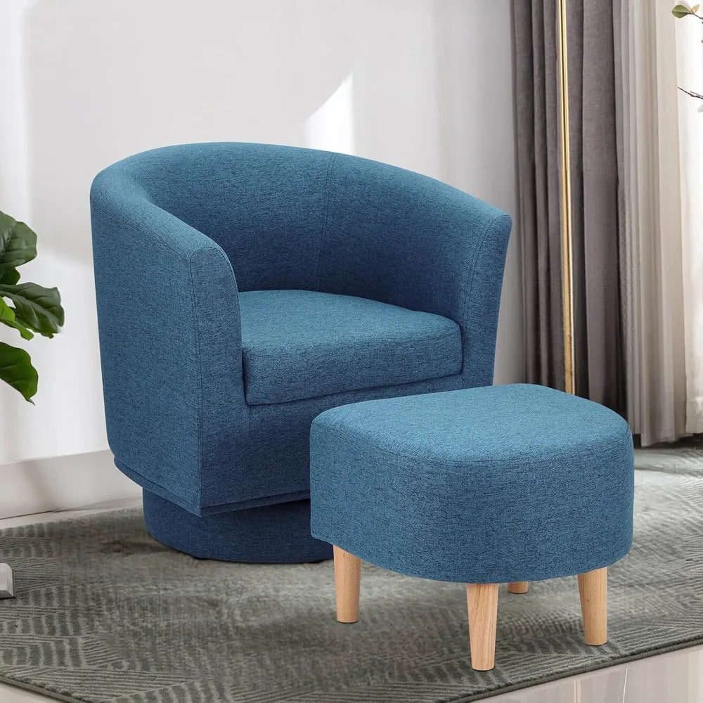 Blue Swivel Barrel Chair With Ottoman Upholstered Modern Living Room Armchair 360 Degree Swivel