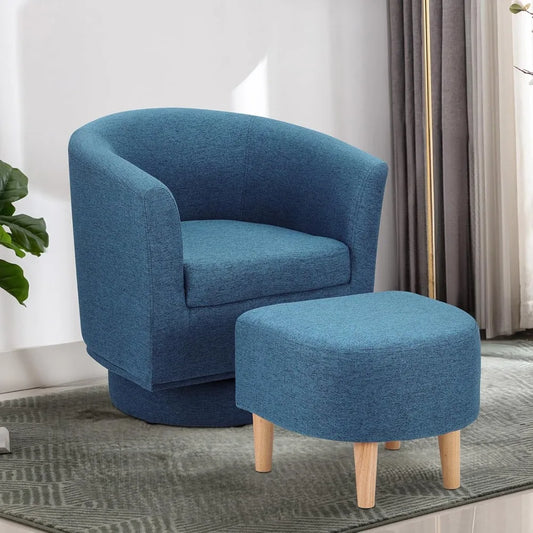 Blue Swivel Barrel Chair With Ottoman Upholstered Modern Living Room Armchair 360 Degree Swivel