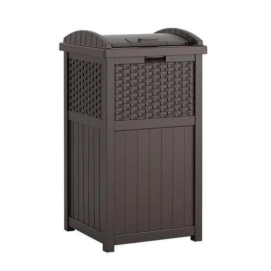 Suncast 33 Gallon Commercial Outdoor Trashcan Hideaway with Lid for30 to 33 Gallon Trash Bagsfor Garage,Backyardor Garden, Brown