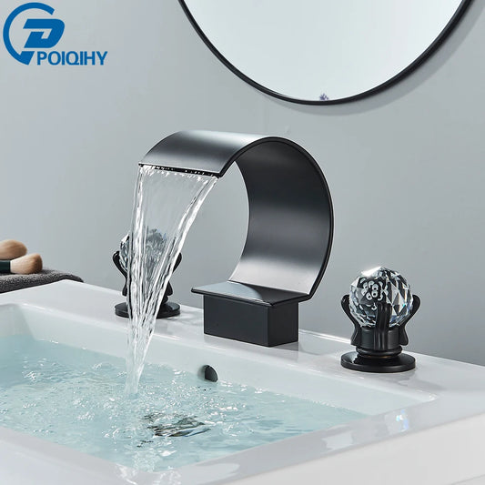 Waterfall Golden Basin Faucet Dual Handle Widespread Mixer