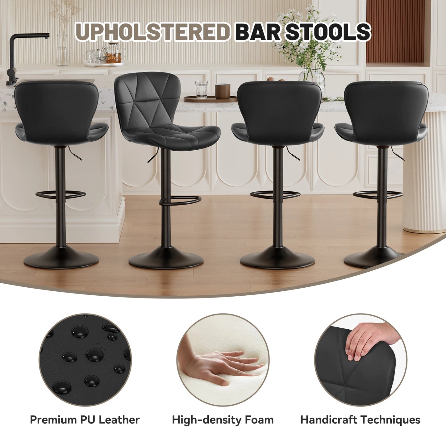 2 Pcs Bar Chair, 360 ° Rotation Adjustable Height, Faux Leather Upholstered with Backrest, Bar Furniture, for Dining Room, Kitchen