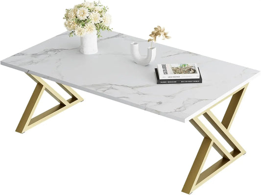 Modern White Faux Marble Coffee Table with Gold Frame