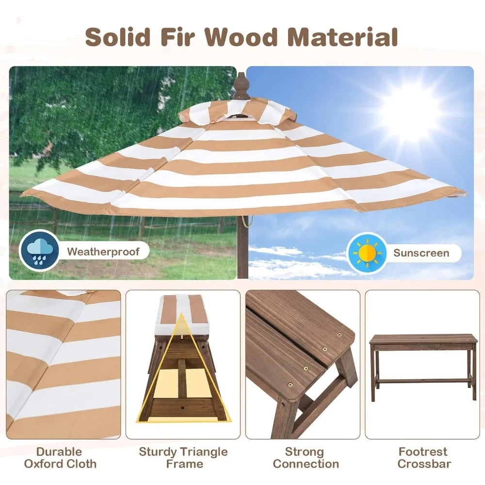 Kids Picnic Table Outdoor Wooden Bench Set Umbrella