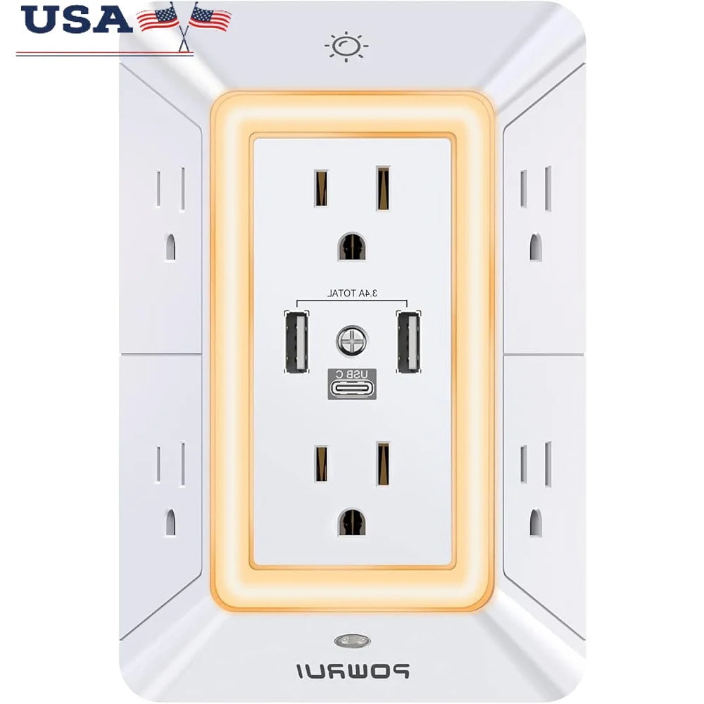 6 Outlet Surge Protector Power Strip with 3 USB Ports USB C Night Light 3D Design Adjustable Brightness Space Saving