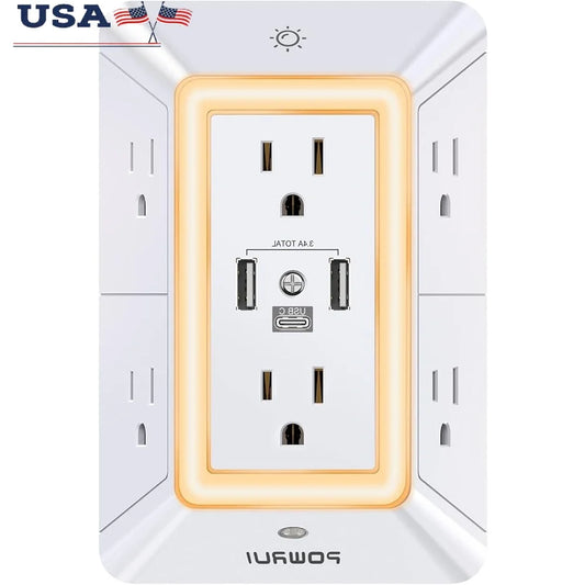 6 Outlet Surge Protector Power Strip with USB Ports and Light