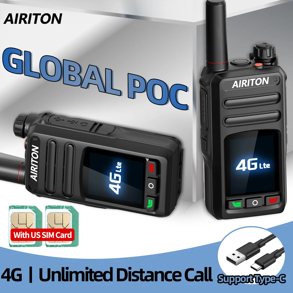 2PCS Global Network POC Radio Walkie Talkie 4G WiFi Unlimited Range Type-C Long Range Sim Card Two Way Radio for Hunting Camping