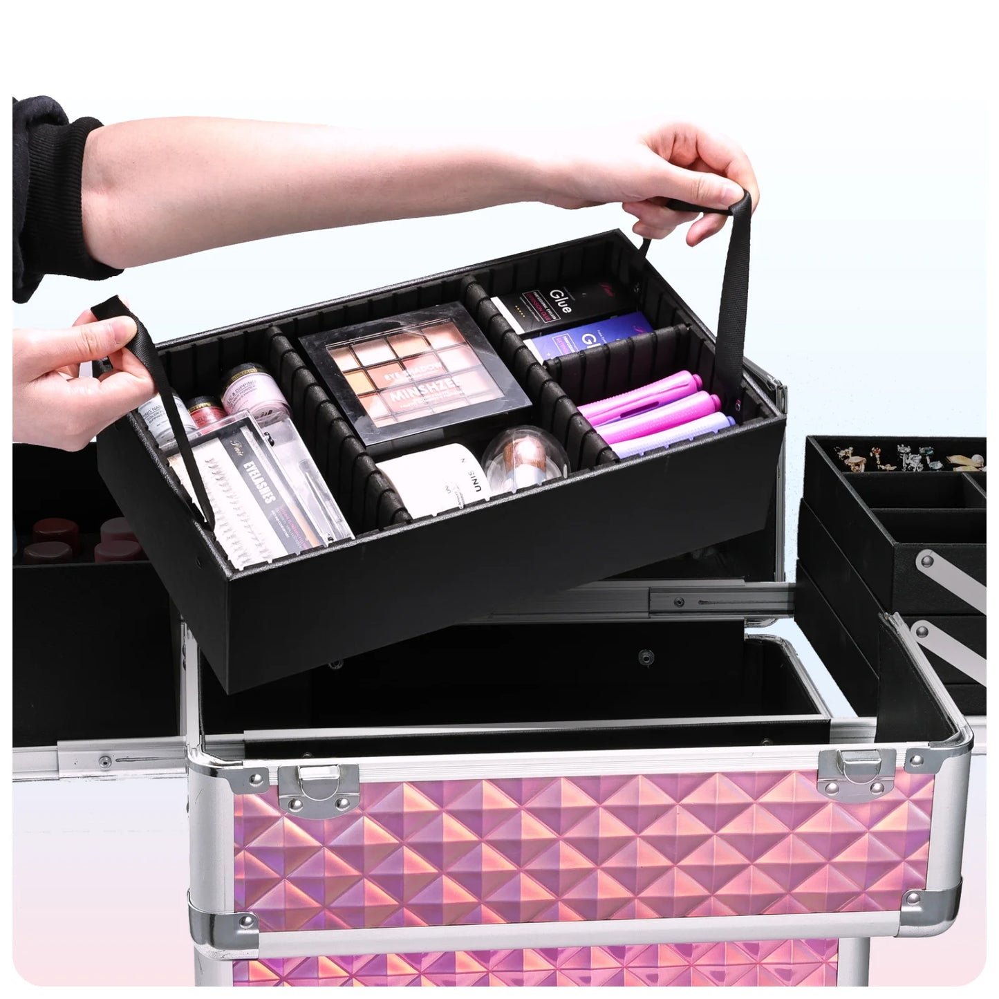 Maxulene Rolling Makeup Train Case With 4 Tray Trolley