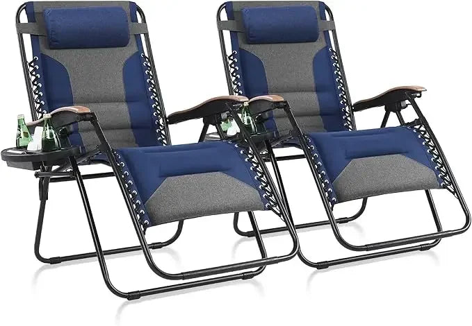 Padded Zero Gravity Lawn Chairs Set of 2 Foldable Patio Recliners Anti Gravity Lounge Chairs w/Pillow & Cup Holder Outdoor Camp