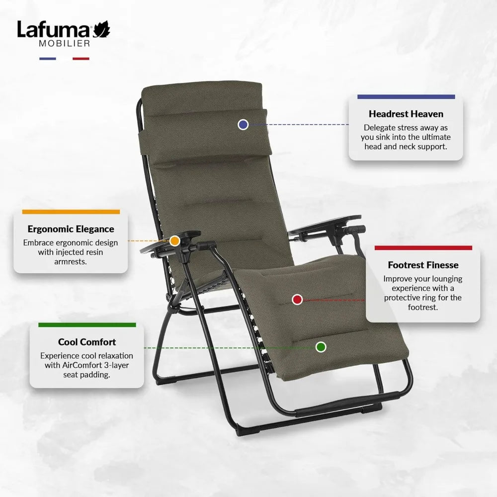 Futura Air Comfort Zero Gravity Chair XL Series Outdoor Lounge Relaxation with Headrest, Cushion, Footrest and Foot Glides, Tau