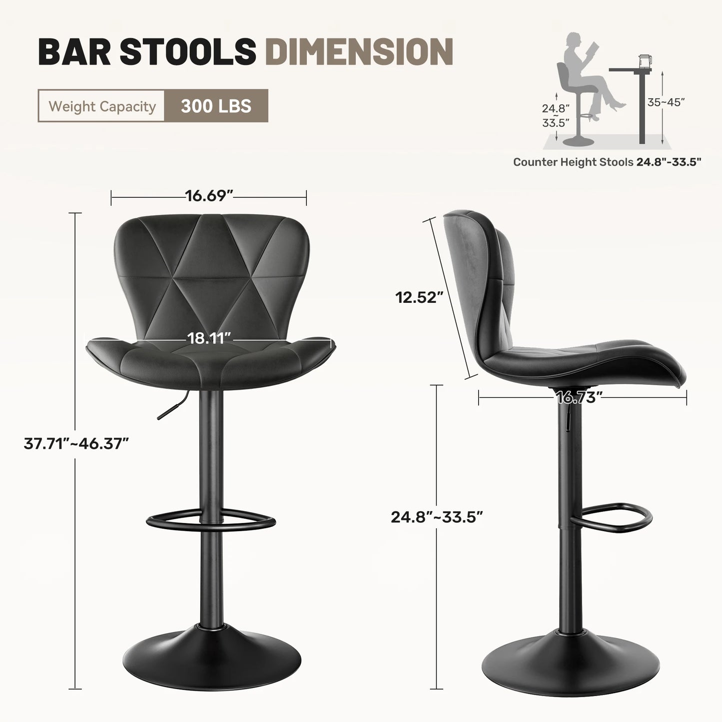 2 Pcs Bar Chair, 360 ° Rotation Adjustable Height, Faux Leather Upholstered with Backrest, Bar Furniture, for Dining Room, Kitchen