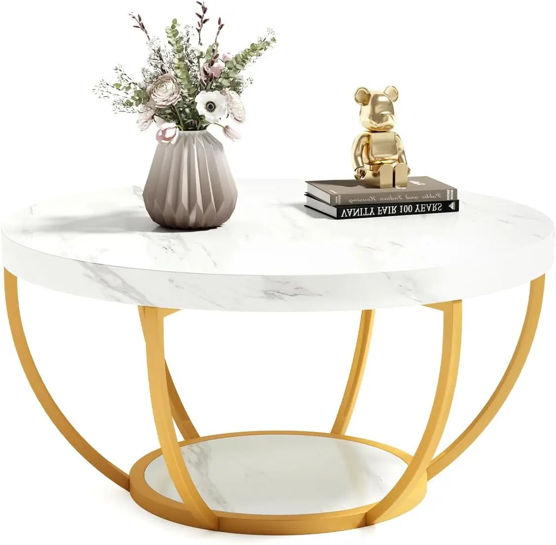 32 Inch Marble Coffee Table with Golden Metal Legs