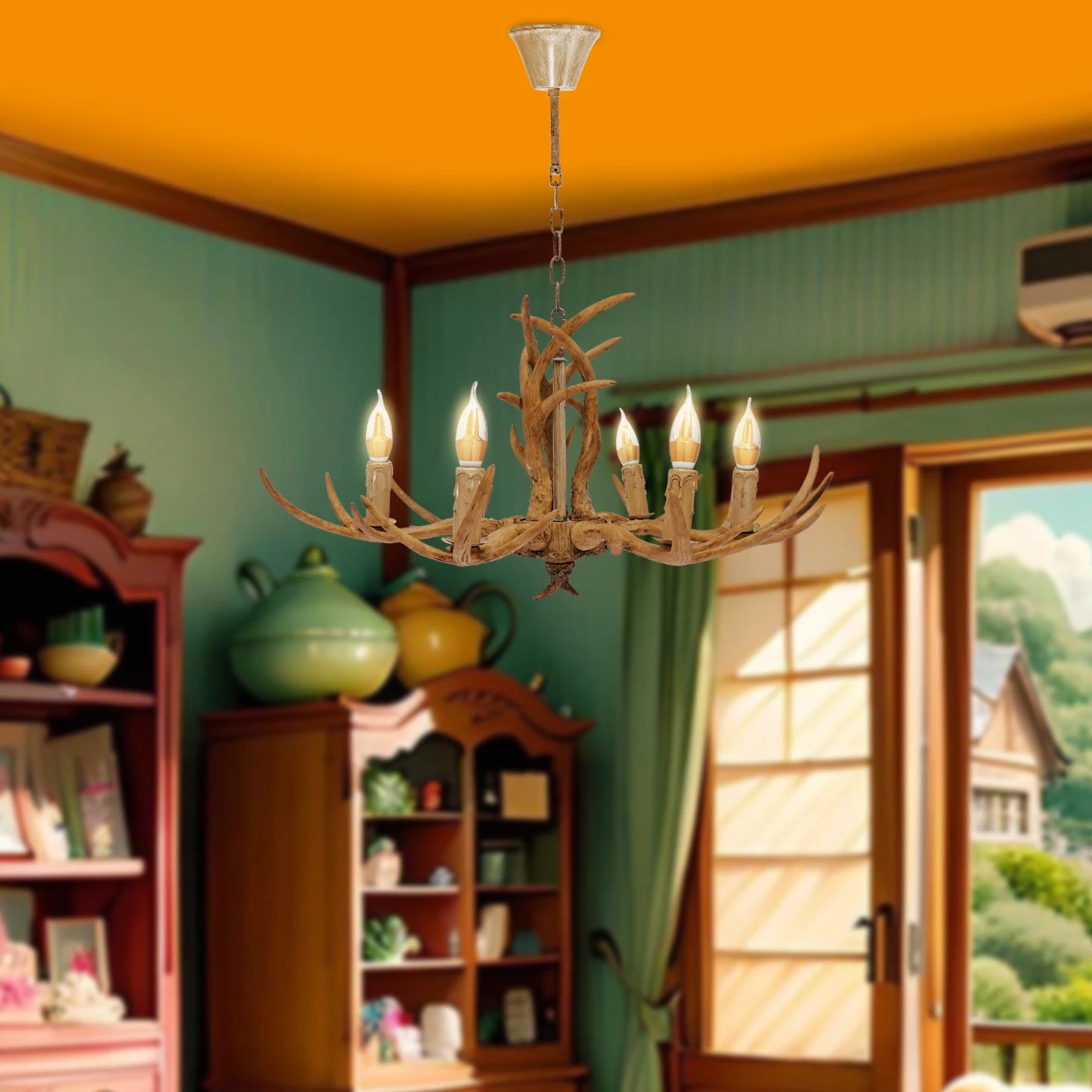 Retro Antler Chandelier Light Deer Horn Pendant Lamp