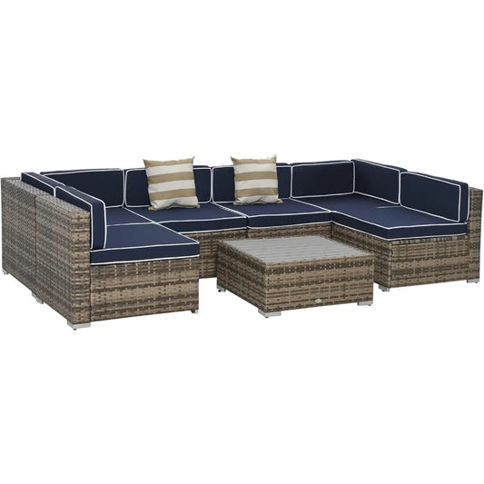7-Piece Patio Furniture Set, Outdoor Wicker Conversation Set, All Weather PE Rattan Sectional Sofa Set with Cushions and Faux W