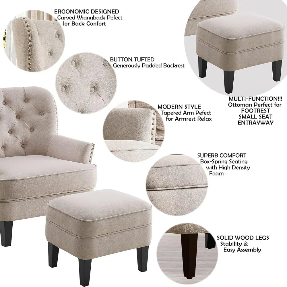 Accent Chair and Ottoman Set - Button Tufted Armchair for Living Room, Bedroom, Reading - Mid-Century Modern Lounge Chair