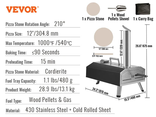 VEVOR 12 Inch Portable Wood Fired Pizza Oven for Outdoors